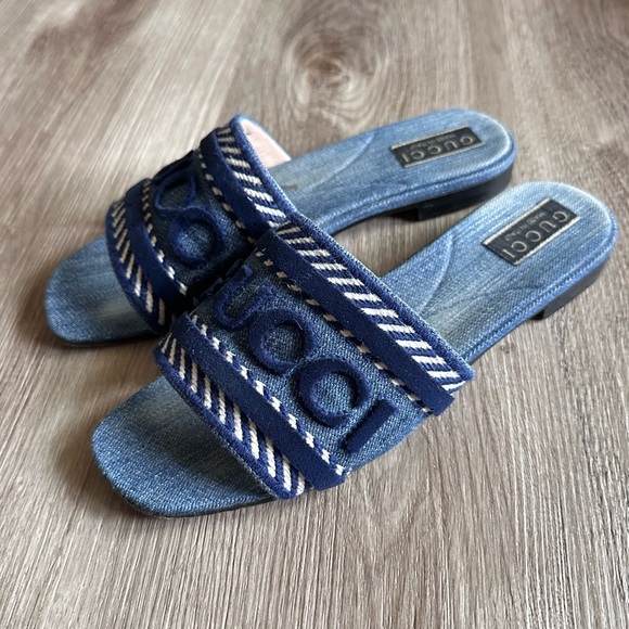 Authentic Gucci Jane Logo Denim Slide Resort Sandals Size 38.5  - 8.5 - Picture 2 of 7
